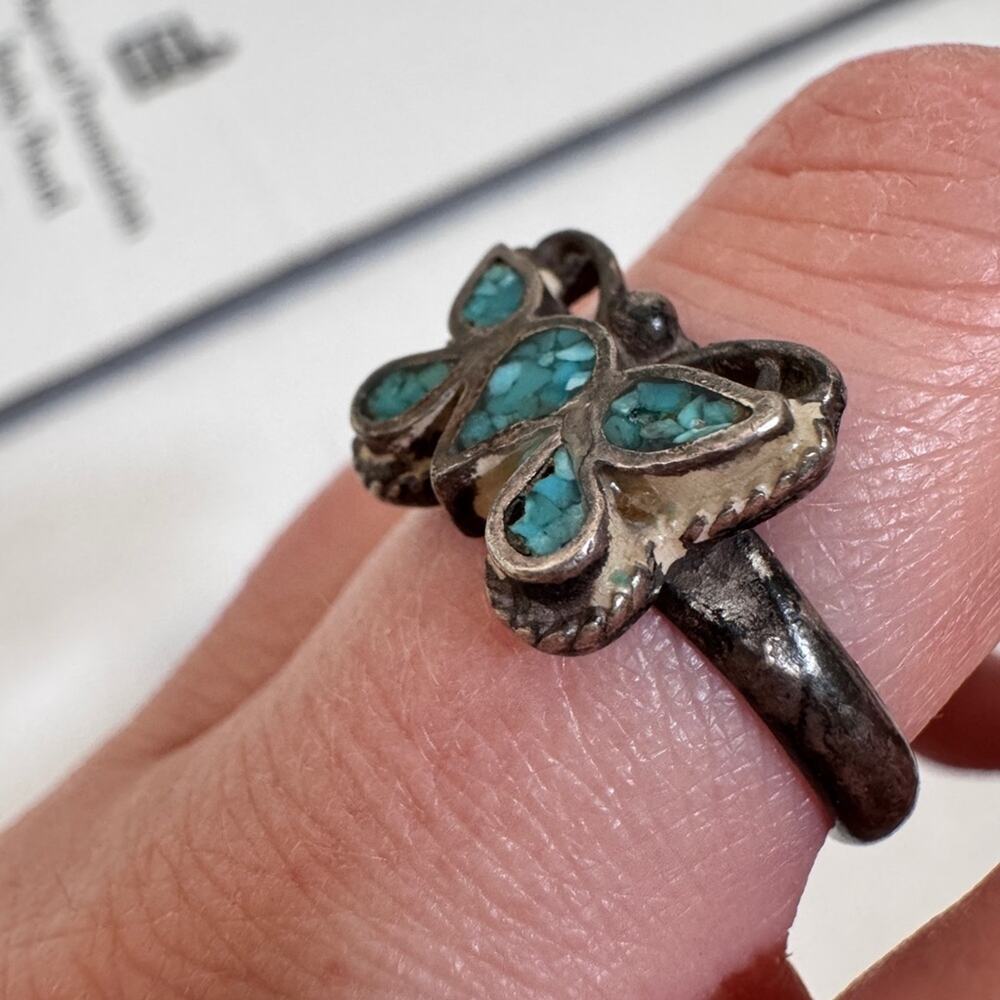 Vintage Native American Silver Turquoise Inlay Butterly Ring Womens 7.5 Estate - Picture 8 of 9